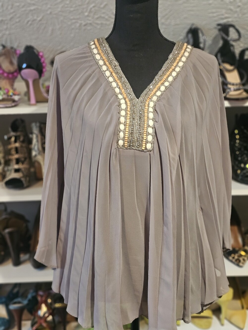 Embellished V-Neck Pleated Women's Top - Taupe